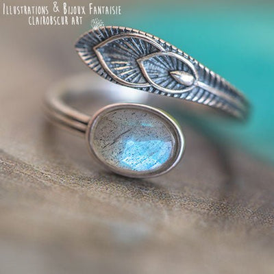 Bague "Plume" Labradorite en Argent 925, ajustable - Illustrations & Bijoux fantaisie ClairObscur Art