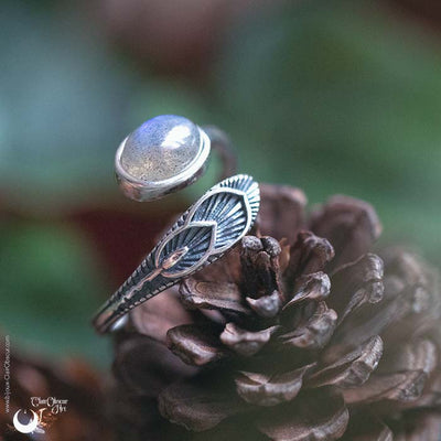 Bague "Plume" Labradorite en Argent 925, ajustable - Illustrations & Bijoux fantaisie ClairObscur Art