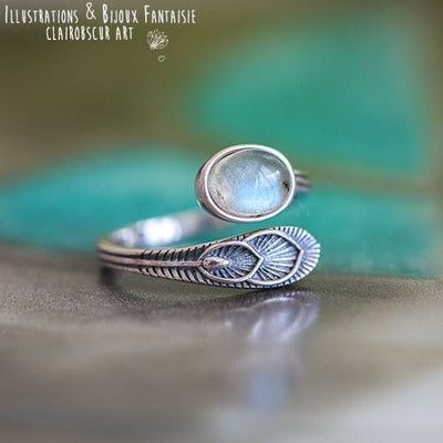 Bague "Plume" Labradorite en Argent 925, ajustable - Illustrations & Bijoux fantaisie ClairObscur Art