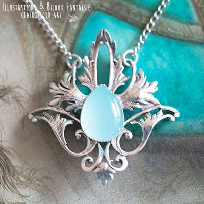 Collier Elfique "Elwing" Calcédoine Aqua - Illustrations & Bijoux fantaisie ClairObscur Art